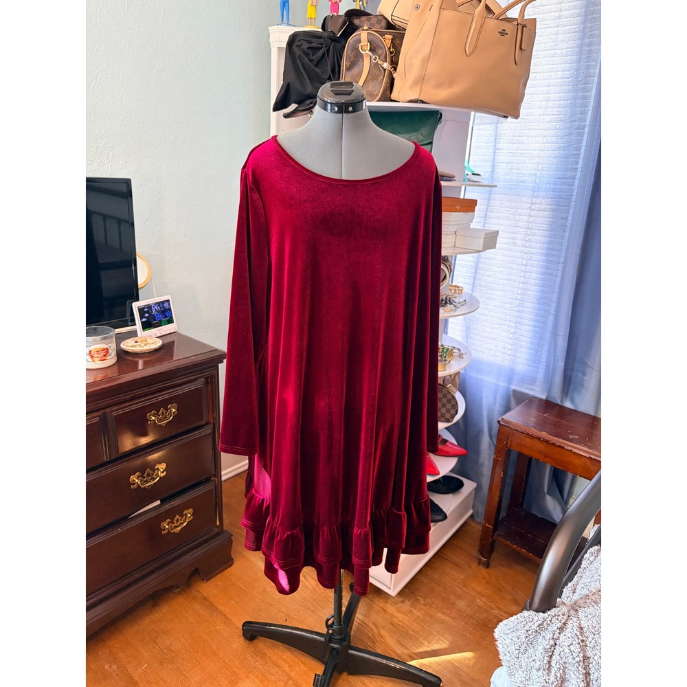 SHEIN Curve Dress 3XL Burgundy Velvet Ruffle Hem Swing Holiday Party Whimsygoth